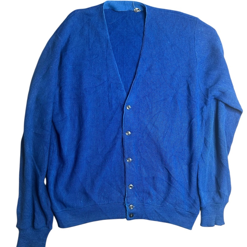Vintage‎ 50s 60s Blue Knit Cardigan Sweater Ivy Style Mod Preppy Large